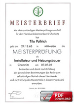 T. Pollrich, Meisterbrief Installateur und Heizungsbauer